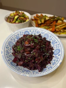 braised red cabbage with apple and chorizo