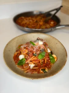 spaghetti pomodoro with chorizo and mozzarella