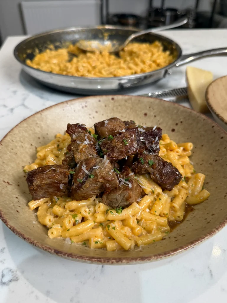Garlic Butter Steak Bites with Creamy Parmesan Macaroni
